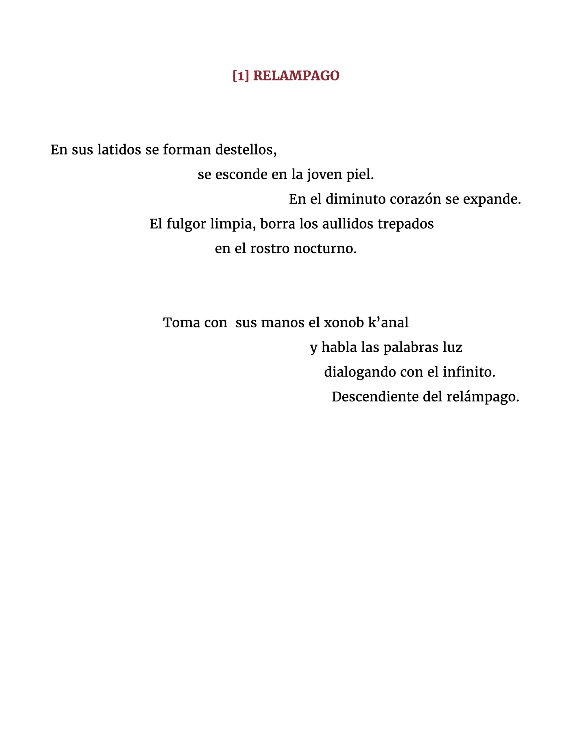 En sus latidos se forman destellos, se esconde en la joven piel. En el diminuto corazón se expande. El fulgor limpia, borra los aullidos trepados en el rostro nocturno. Toma con sus manos el xonob k’anal y habla las palabras luz dialogando con el infinito. Descendiente del relámpago.