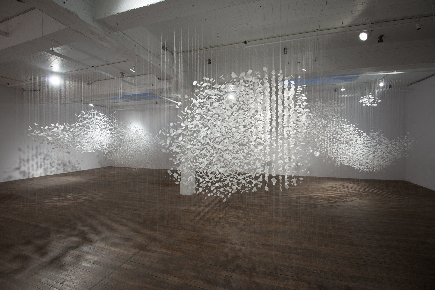 Installation suspendue dans une vaste salle d'exposition aux murs blancs et au plancher de bois. Des cercles blancs sont suspendus par des fils discrets de façon à constituer des agglomérations qui rappellent des nuages.